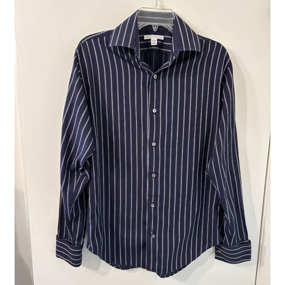 Banana Republic Mens S Cotton 14.5" Navy & White Double-Stripe Long Sleeve Shirt